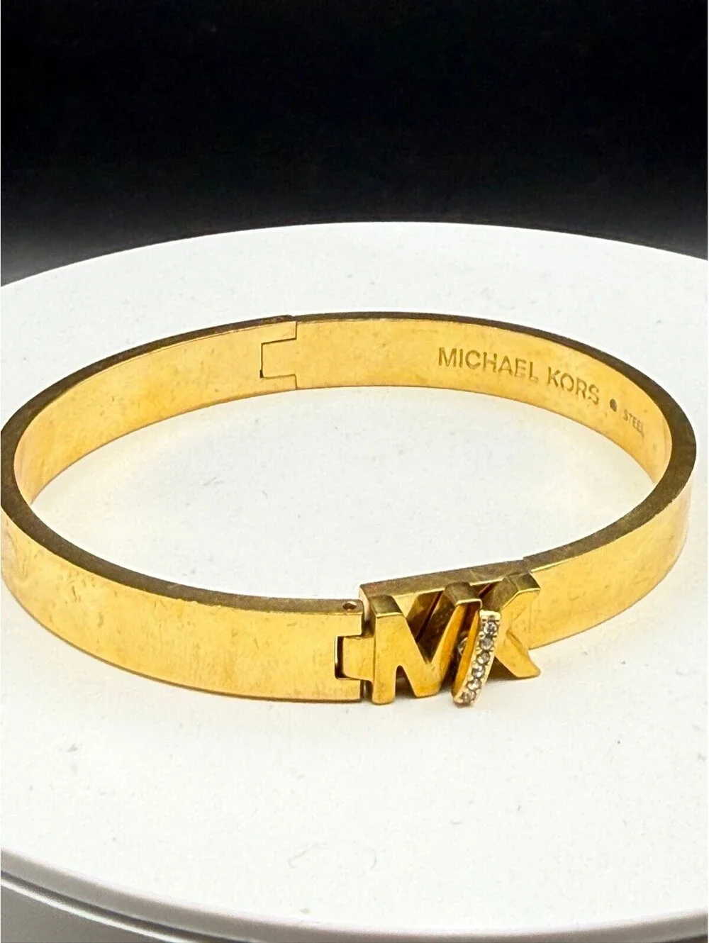 Michael Kors Gold Tone Steel MK Logo Pavé Crystal Hinged Bangle Bracelet